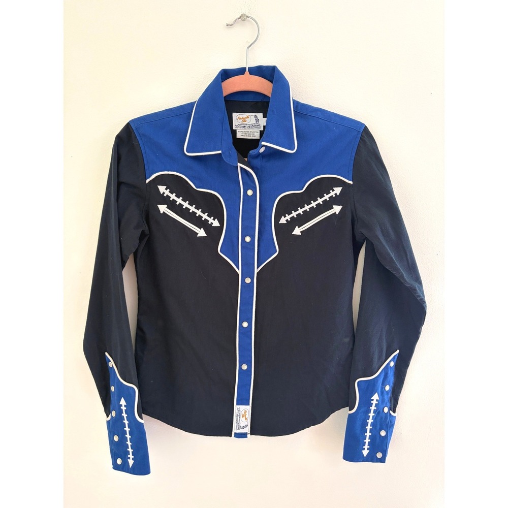 Vintage Panhandle Slim Western‎ Shirt Arrow Embroidered Snap Blue Black Small